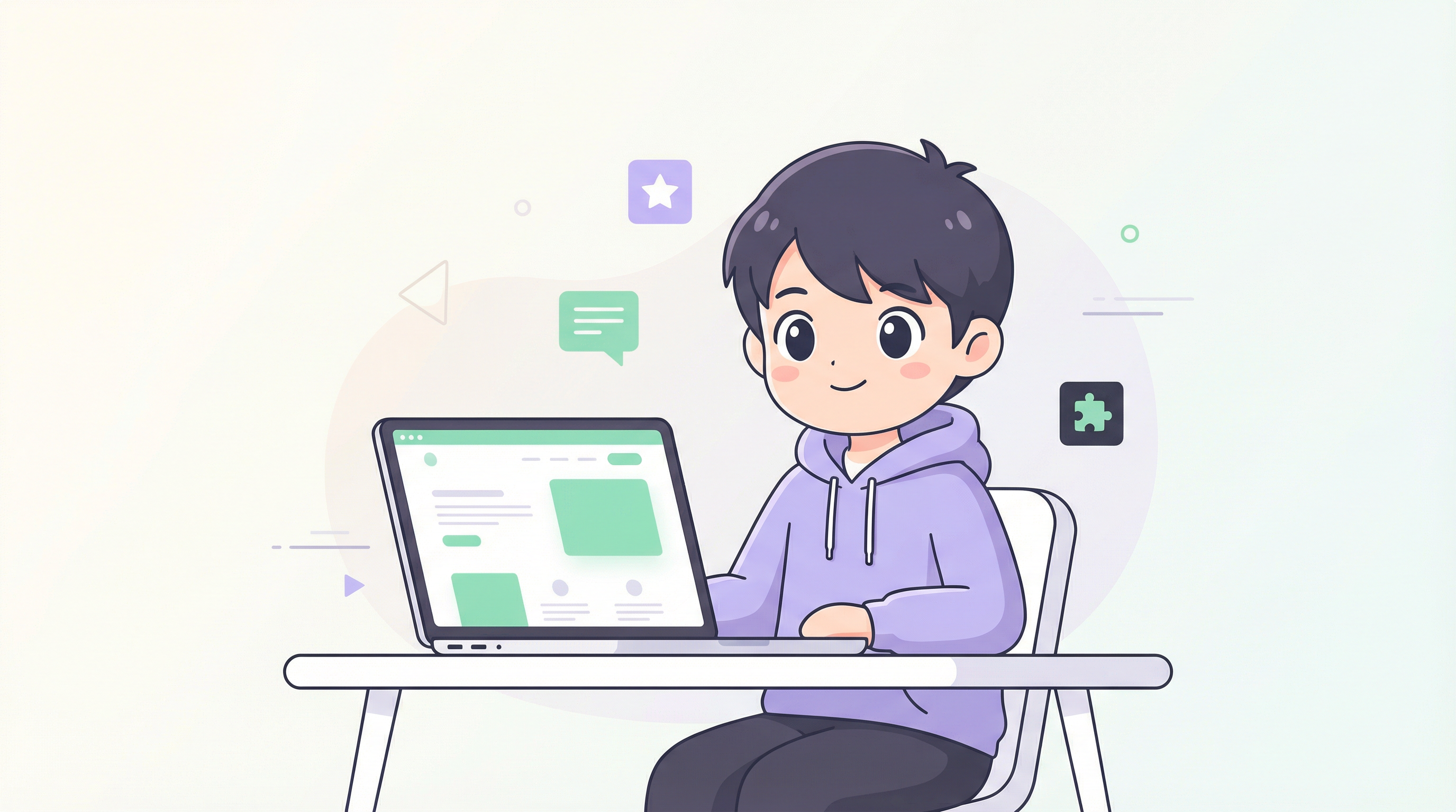 A friendly character working at a laptop, surrounded by plugin icons